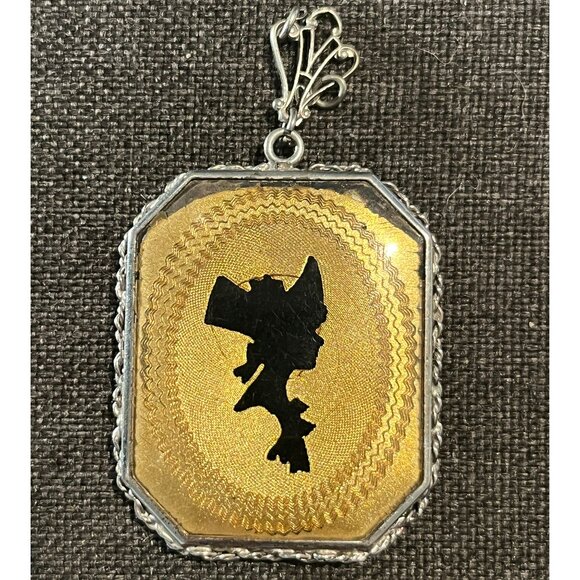 Antique Art Deco Sterling Guilloché Silhouette Locket Pendant 1920s Sterling - Picture 4 of 6